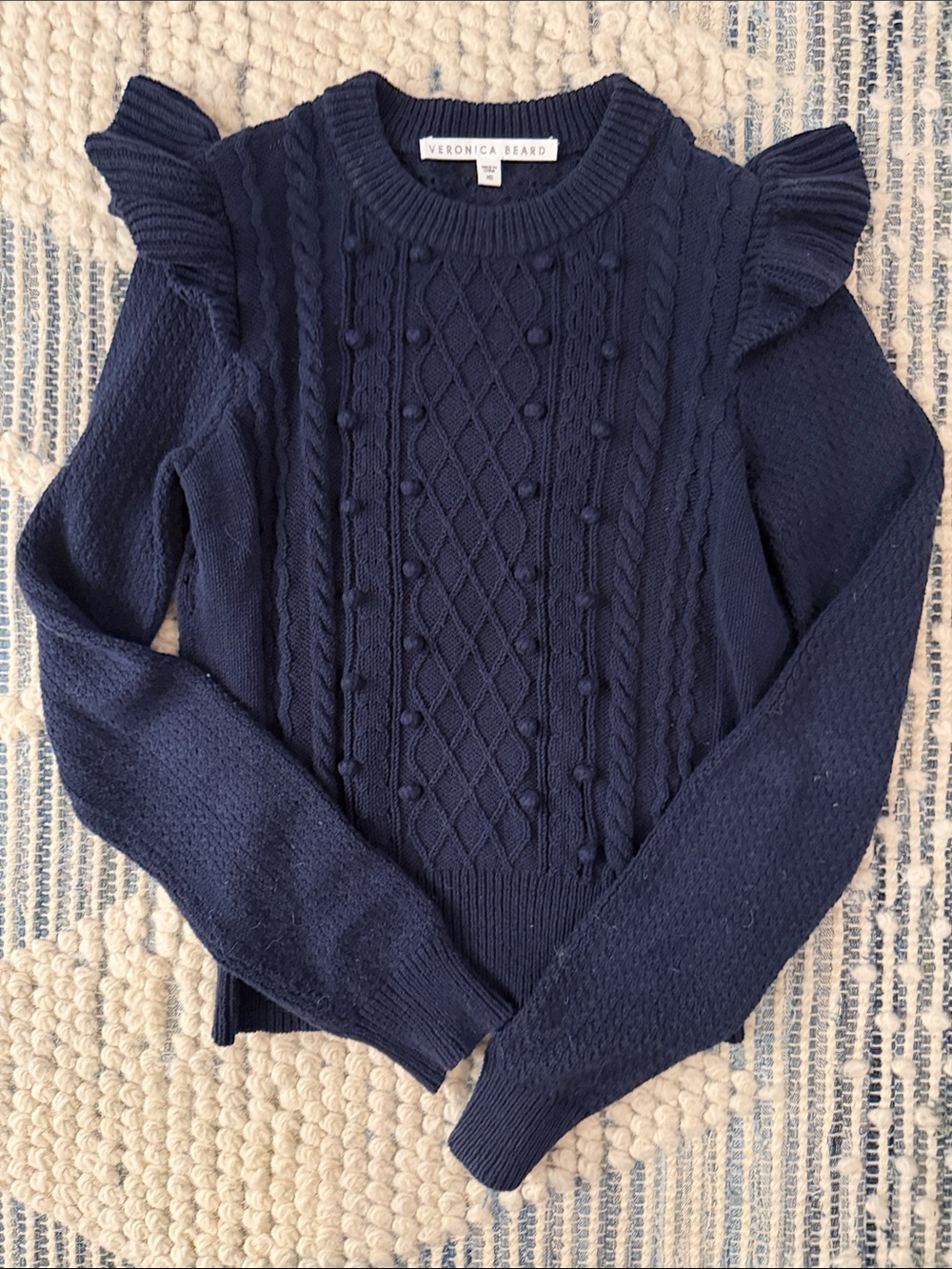 Veronica Beard Deep Navy Cable Knit Ruffle Shoulder Sweater